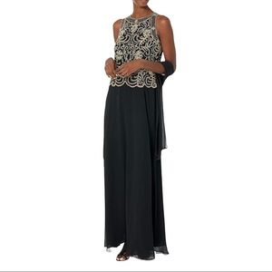 BNWT J Kara Women's Sleeveless Scallop Long Beaded Dress W/Scarf. Size 6P black